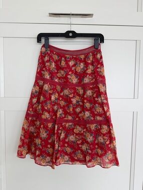Ralph Lauren Red Floral Tiered A-Line Skirt